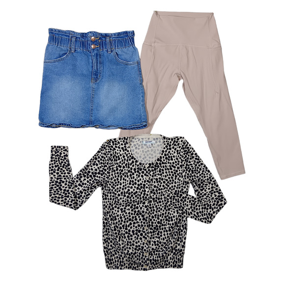 Bundle of 3 items XS Denim mini skirt animal print top and leggings - Picture 1 of 7